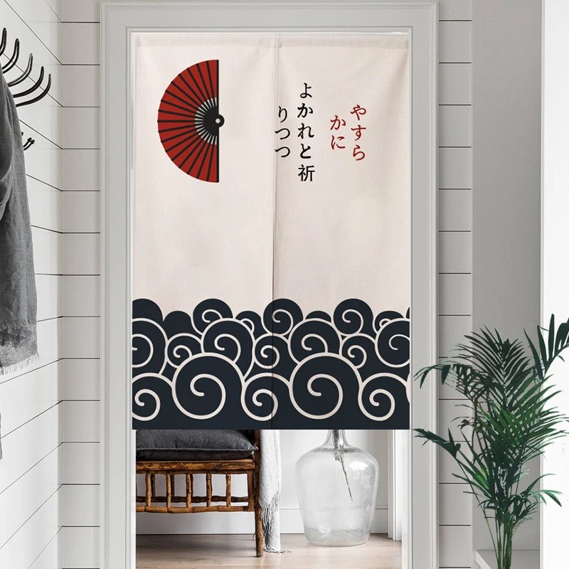 Commercial Fabric Printing - VIKAMA Japanischer Faltfächer-Wellen-Ukiyo-e-Noren-Vorhang mit Stangeneinsatz für